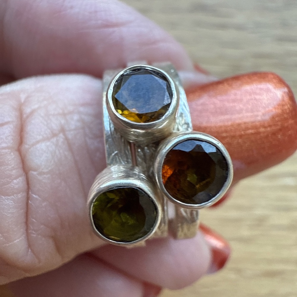 Sterling Silver Stacking Rings - Smoky Quartz, Green Tourmaline and Citrine -6.5